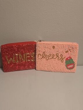 Beaded Pink Cheer And Wine Mini Pouches